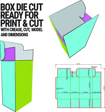 Box Die Cut Cube Template with 3D Preview organised with cut, crease, model and dimensions ready to cut and print and fully functional, Vector Draw Graphic Design dieline