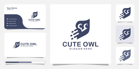 cute and funny owl logo design template with business card illustration. Premium vector