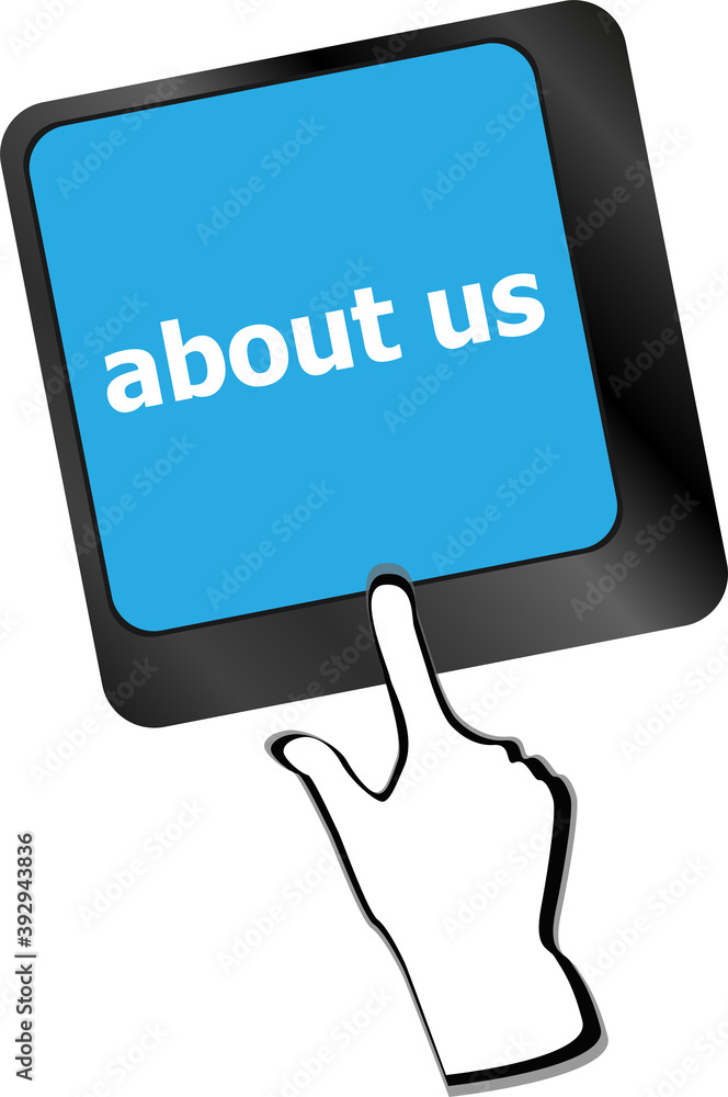 Poster marketing concept: computer keyboard with word about us, selected focus on enter button background