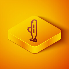 Isometric line Submarine icon isolated on orange background. Military ship. Yellow square button. Vector.