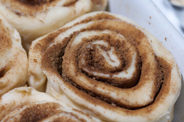 Baking cinnabons. The cinnamon dough is in the baking dish. Close-up shot.