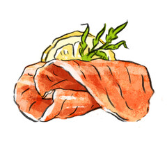 Illustration with slice of salmon, lemon and dill