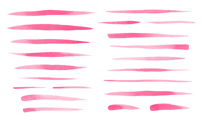 Set of watercolor brush strokes, uneven lines, pink stripes, underlines, doodle streaks, fusiform smears. Hand drawn watercolour design elements, text backgrounds. Valentine's, Women day templates.