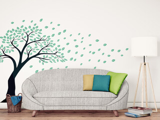 3D Rendering, Living Room with Decorative Wall Decal