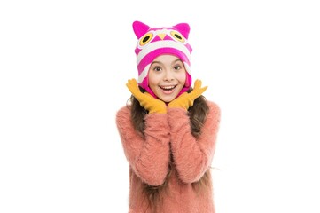 little girl long hair isolated on white. warm and cosy. all you need is gloves. perfect look for cold weather. last trends for this winter. happy kid wear knitwear. i love knitting. in christmas mood