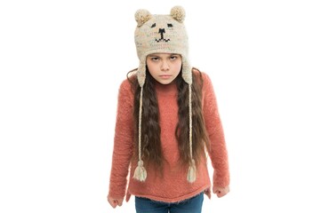 small angry girl isolated on white. new year holidays. kid fashion store. winter time shopping....