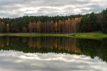 Fototapeta premium A still calm cloudy autumn day. Landscape with colorful autumn trees at the lake with a mirror like reflection of woods and dramatic sky. 