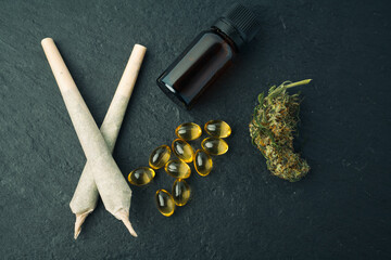 Cannabis bud close-up concept of legalize and medicinal properties of hemp and cbd oil.