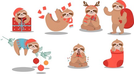 Set of Cute Sloth Wearing Christmas Stuffs and Decorations © SvgOcean