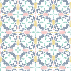 Vector seamless pattern colorful tender design of lined silhouettes flowers in pastel colors