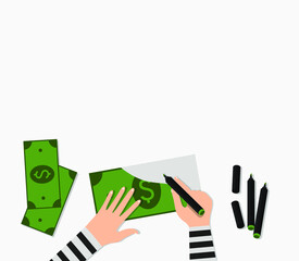 A hand in prison clothes draws a fake dollar, counterfeits money. Concept: counterfeiter. Vector illustration, flat cartoon color design, isolated on white background, eps 10.