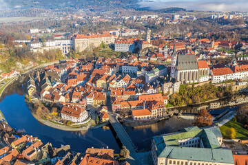 Panoramic aerial view over towncenter of Cesky Krumlov during autumn season in Czech Republic