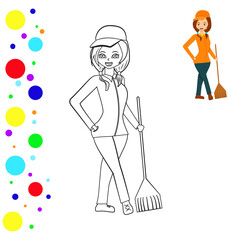 Coloring and colored image of standing janitor. Coloring page person. Can be used for print, magazine, poster. Vector illustration.