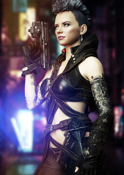 Futuristic cyber female with tattoos and Mohawk holding a sci-fi pistol with a urban neon city blurred background. 3d rendering
