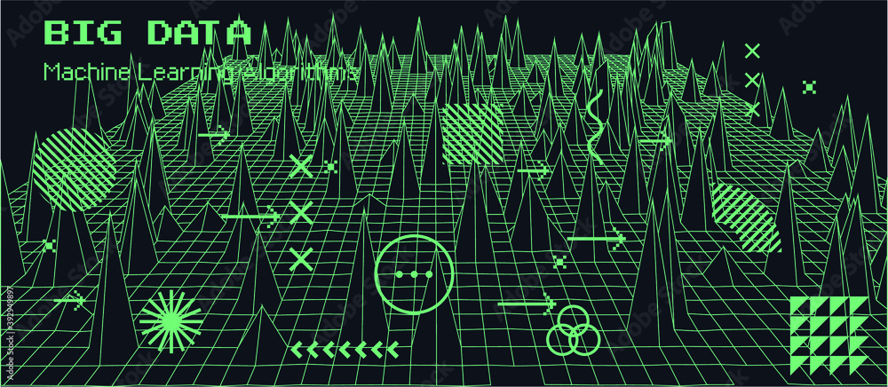 Leinwandbilder Big data and complex information visualization concept. Glitched and distorted polygonal 3d surface, graph or map of mathematical function.