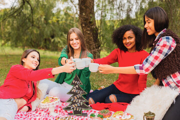 Multiracial group of friends having tea in the garden - Multiracial friends having fun in an afternoon with donuts and tea, with Christmas decoration.