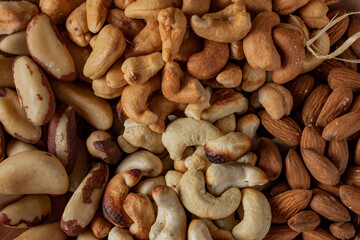 Variety of nuts like texture background. Main nuts of Brazilian cuisine