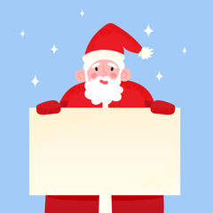 Happy Santa Claus holding blank signboard. Smiling Papa Noel behind celebration banner, on blue snowy background. Vector illustration of Merry Christmas greeting card template