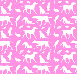 Vector seamless pattern of white pets domestic animals silhouette isolated on pink background