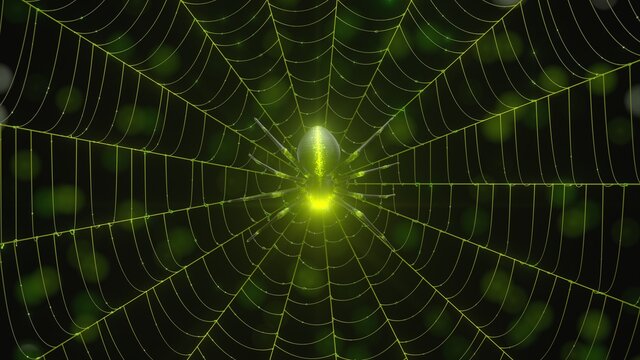 glowing green spider in the dark. waiting on web, suitable for horror, halloween, arachnid and technology themes. 3D illustration