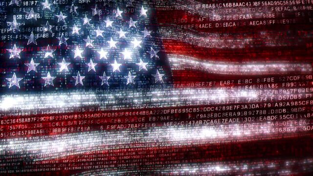 The USA in the digital world of binary and hex code. Looped 3D Animation of Stars and Stripes banner in computer code depicting the modern challenges of internet and American matters in cyberspace