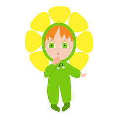 Cartoon flat child in a flower costume. Design for notebook, card, poster, banner, wrapper, background. Сute little baby in kigurumi.