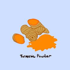 Turmeric powder concept vector illustration with hand drawn text. Turmeric root and powder colorful illustration
