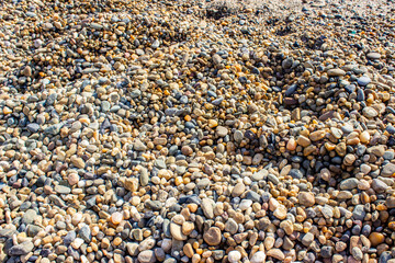 Small pebbles . Textured rocky background. Part of the sea beach / shore. The colors are gray, blue, white and brown.