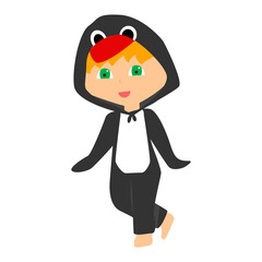 Cartoon flat child in a penguin costume. Design for notebook, card, poster, banner, wrapper, background. Сute standing little baby in kigurumi.
