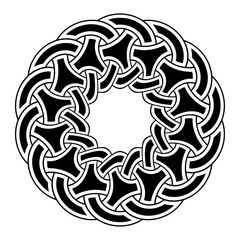 Creative circular interwoven ornament. Abstract round pattern, frame. Stylish round ornament isolated on white background. Template for greeting card, invitation. Vector monochrome illustration.