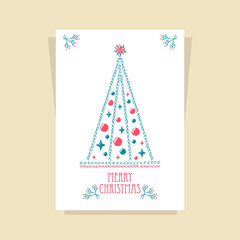Christmas Card with Christmas  Tree made by drawing hand stitch in blue red on white for invitation or congratulation Merry Christmas or for  celebration winter holidays 