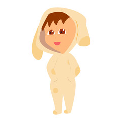 Cartoon flat child in a puppy costume. Design for notebook, card, poster, banner, wrapper, background. Сute standing little baby in kigurumi.