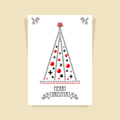Christmas Card with Christmas  Tree made by drawing hand stitch in black red on white for invitation or congratulation Merry Christmas or for  celebration winter holidays 