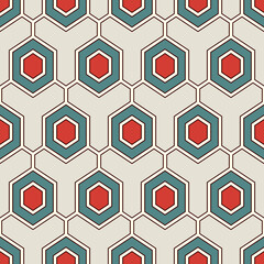 Contemporary honeycomb geometric pattern. Repeated hexagon ornament. Modern mosaic tiles background. Seamless surface abstract design. Geo wallpaper. Digital paper, textile print. Vector illustration