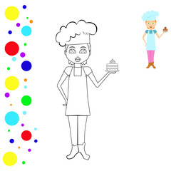 Coloring and colored image of confectioner. Coloring page baker. Can be used for print, magazine, poster. Vector illustration.
