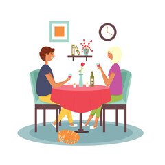 Couple sitting at the table drinking wine. Romantic dinner at home. Vector flat illustration