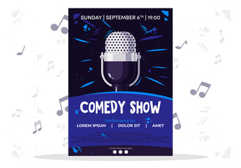 Vector illustration poster template for comedy show with retro microphone on dark background