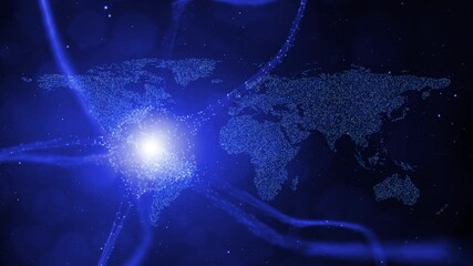 World map and neuron cell on dark blue coloured abstract background. 