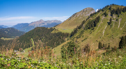 Fototapeta premium Panoramic view towards the valley of Morzine, at the Joux Plane pass, Haute-Savoie, France