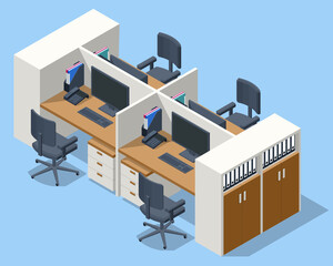 Isometric massive computer table with four desktops and chairs, office interior. Modern cozy loft office interior. © Golden Sikorka