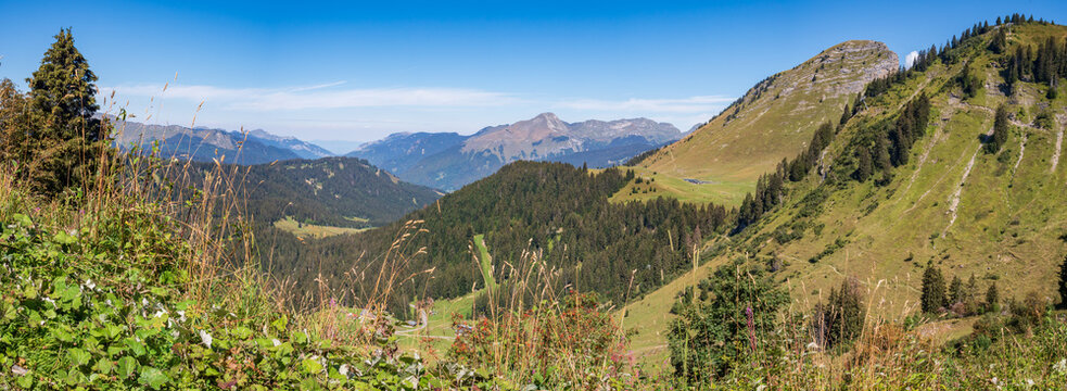 Panoramic view towards the valley of Morzine, at the Joux Plane pass, Haute-Savoie, France