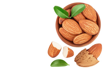 Almonds nuts in wooden bowl isolated on white background . Top view with copy space for your text....