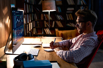 Focused business man trader analyst looking at computer monitor, investor broker analyzing indexes,...