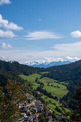 Aerial View alp mountains In South Tyrol region in Italy with a village in the valey.