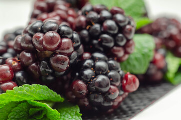 Closeup of a set of blackberries with mint, fresh and ripe forest fruits