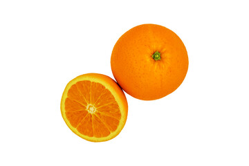 Orange on a white background with a half of an orange in a cut close-up, for printing on the packaging