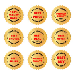 Set of Gold luxury labels seal and quality product. Red, gold and black color. Stock vector illustration on white isolated background.