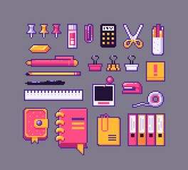 Pixel art stationery icons set.