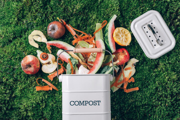 Peeled vegetables in white compost bin on green grass, moss background. Trash bin for composting...