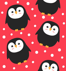Vector seamless pattern of flat cartoon doodle hand drawn penguin and snow isolated on red background